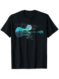 Men's T-Shirt Luminous Night Scene Reflected Lake Trees Clouds Full Moon Guitar