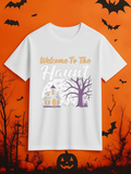 Men's T-Shirt Welcome To The Haunt Spooky Full Moon With Haunted House And Bare Tree