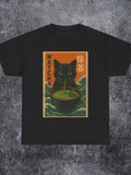 Men's T-Shirt Matcha With Retro Waves And Black Cat Staring Calmly