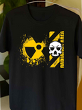 Men's T-Shirt Radiation Caution Markings With Grunge Skull Among Warning Stripes