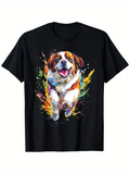 Men's T-Shirt Colorful Splash Pattern With Smiling Running Happy Dog