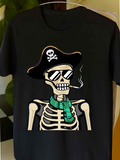 Men's T-Shirt Pirate Skull Wearing Hat And Smoking With Green Scarf Skeleton
