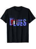 Men's T-Shirt Distressed Blue Red Lettering Among Black Painted Texture Blues