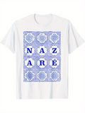 Men's T-Shirt Nazare Blue Ornamental Tiles Pattern Framing Vintage Lettering