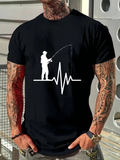 Men's T-Shirt Heartbeat Wave With Angler Standing By Calm Lake Fisherman