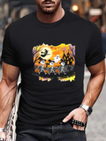 Men's T-Shirt Dancing Skeletons With Pumpkins In Front Of Haunted House Under Full Moon