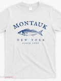 Men's T-Shirt Montauk New York Since 1664 Vintage Blue Etching Of Fish