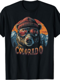 Men's T-Shirt Colorado Vintage Sunset Mountain With Cool Bear Wearing Red Beanie
