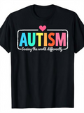 Men's T-Shirt Autism Seeing The World Differently Colorful Letters And Pink Heart T Shirt