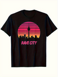 Men's T-Shirt Rave City Retro Neon Skyline With Glowing Pink Sunset Silhouette Tower