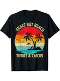 Men's T-Shirt Grace Bay Beach Sunset Palms Waves With Seagulls And Umbrella Scene