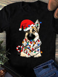 Women's T-Shirt Festive Holiday Lights With Candy Cane Wearing Christmas Dog