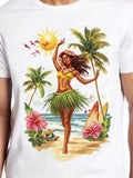 Men's T-Shirt Vibrant Tropical Sunset With Palm Trees Dancing Hula Girl On Beach