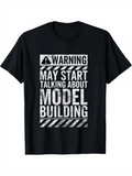Men's T-Shirt Warning May Start Talking About Model Building Grunge Stripes And Geometric Icon Text