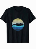 Men's T-Shirt Retro Striped Sunset Ocean With Silhouette Swimming Whale
