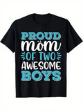 Men's T-Shirt Proud Mom Of Two Awesome Boys Bold Lettering With Decorative Accents On Black T Shirt