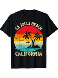 Men's T-Shirt La Jolla Beach California Retro Sunset With Palm Trees And Seagulls Shoreline
