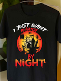 Men's T-Shirt I Just Want To Watch Glowing Orange Moon With Haunted Trees And Spooky House Cat