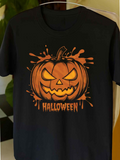 Men's T-Shirt Halloween Glowing Orange Pumpkin With Splattered Paint And Spooky Smile Pumpkin