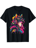 Men's T-Shirt Vibrant Neon Lights With Futuristic Cat Ear Headphones Anime Girl