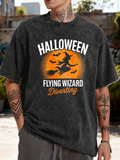 Men's T-Shirt Halloween Orange Sunset With Bats And Magical Flying Witch