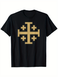 Men's T-Shirt Golden Jerusalem Cross Pattern On Solid Black Shirt