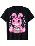 Men's T-Shirt Pink Cartoon Bunny With Easter Eggs Surrounded By Hearts And Sparkles Bunny