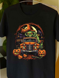 Men's T-Shirt Glowing Halloween Night With Pumpkins And Spooky Haunted House Truck