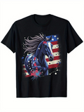 Men's T-Shirt Patriotic Blue Stallion With Flowing Mane Stars And Flag Backdrop Horse