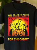 Men's T-Shirt Will Trade Students For The Candy With Bats Spooky Trees And Glowing Pumpkin