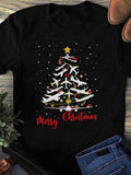 Women's T-Shirt Merry Christmas Snowflakes With Silhouettes Flying Around Pine Tree