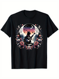 Men's T-Shirt Twilight Forest With Roses Moonlight And Guitar Playing Cat