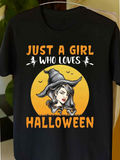 Men's T-Shirt Just A Girl Who Loves Halloween With Flying Bats Witch Hat Moon