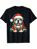 Men's T-Shirt Colorful Christmas Lights With Santa Hat On Festive Happy Bulldog