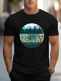 Men's T-Shirt Layered Forest Scene With Winter Sky And Tall Pine Trees