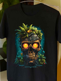 Men's T-Shirt Tropical Jungle With Glowing Eyes Amid Lush Green Leaves Skull