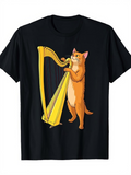 Men's T-Shirt Playful Orange Cat Standing Upright With Golden Harp Strings Harp
