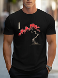 Men's T-Shirt Blooming Red Petals And Ancient Twisted Branch Under Bonsai Tree