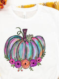 Men's T-Shirt Rainbow Striped Pumpkin With Watercolor Flowers At The Bottom Pumpkin