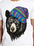 Men's T-Shirt Colorful Knit Pattern Hat On Realistic Shaggy Bear Portrait
