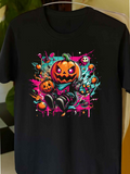 Men's T-Shirt Neon Splatter With Pumpkins And Spooky Halloween Figure