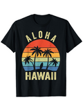 Men's T-Shirt Aloha Hawaii Sunset With Palm Trees And Surfer Under Vibrant Sky