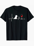Men's T-Shirt Heartbeat Rhythm With Sitting Dog And Glass Of Red Wine Silhouette