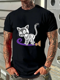 Men's T-Shirt Skeleton Cat With Purple Tail Standing Beside Brown Broom Cat