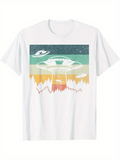 Men's T-Shirt Retro Colored Landscape With UFO Spaceships And Distant Forest Mountains