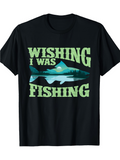 Men's T-Shirt Wishing I Was Fishing Lake Silhouette Under Full Moon With Jumping Fish