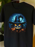 Men's T-Shirt Glowing Pumpkins Under Haunted Moonlight With Ominous Witch Hat Jackolantern