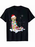 Men's T-Shirt Playful Dog Wearing Santa Hat Surrounded By Christmas Lights Snowflakes And Ornaments Puppy
