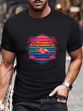 Men's T-Shirt Colorful Sunset With Palm Trees Framing A Pink Flamingo