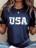 Women's T-Shirt USA Bold White Letters With Star Pattern On Simple T Shirt